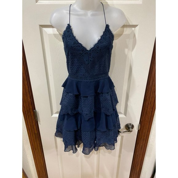 Twosisters Navy Lace & Chiffon Tiered Ruffle Mini Dress With Strappy Back Design - Picture 12 of 12